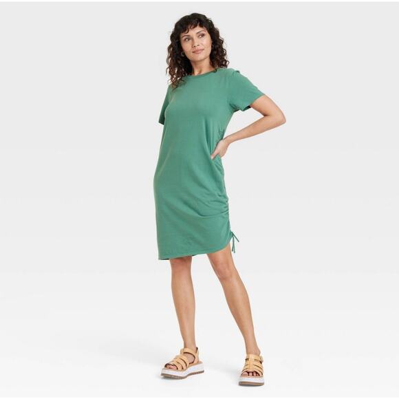 Universal Thread Ruched Side Knee Length T-shirt Dress WMNS XS Green Crew SS - Picture 1 of 12